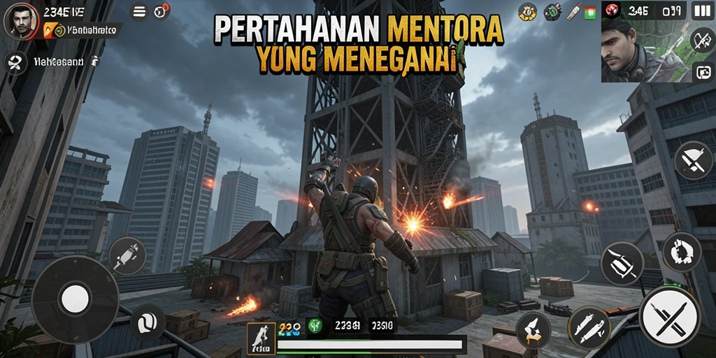 Tangkapan layar gameplay di 234E menampilkan aksi Tower Defense yang seru.