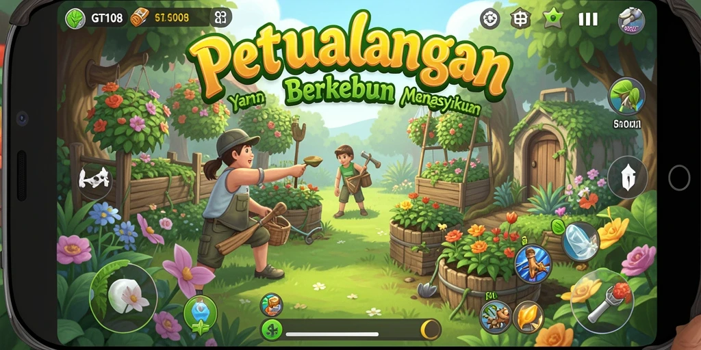 Tampilan gameplay GT108 yang memukau dengan aktivitas berkebun yang menyenangkan.