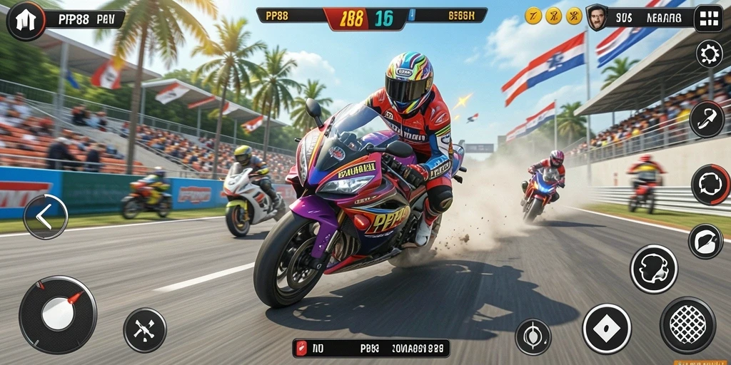 Tangkapan layar gameplay PP88 yang menunjukkan aksi balapan motor yang seru.